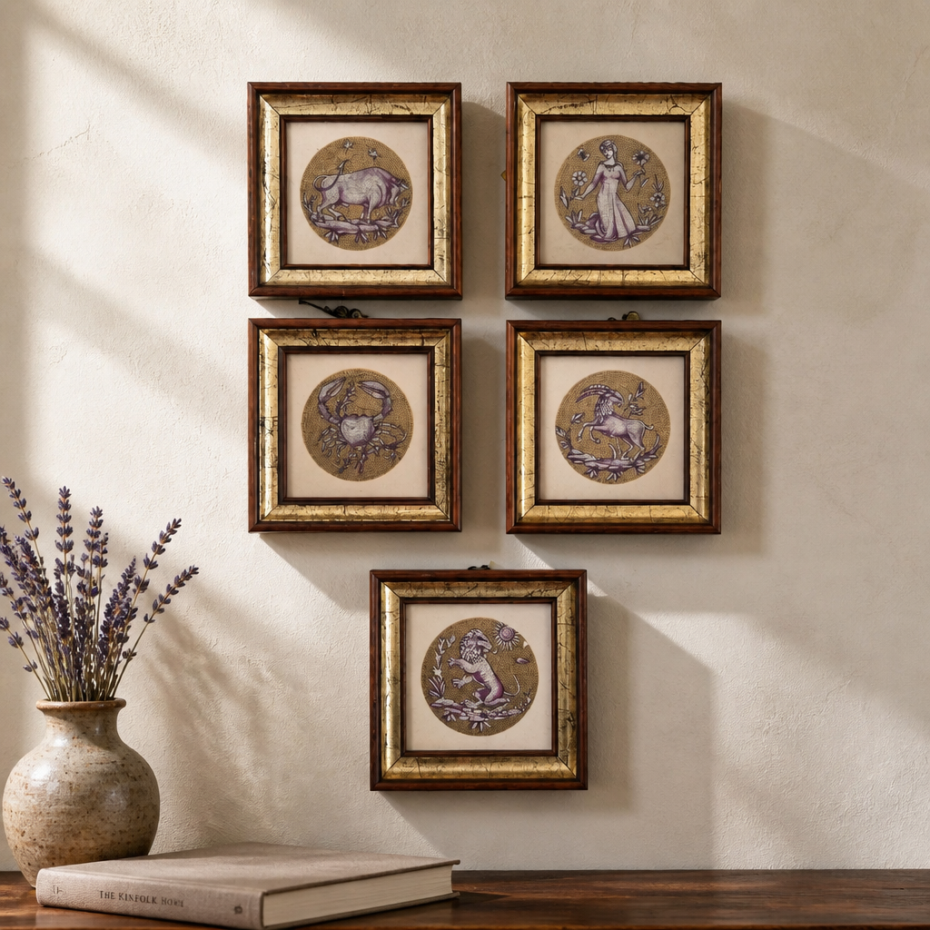 Carreau en céramique signe astrologique du Zodiaque | Fond poussière d'or pur à 97%+ | Céramique style design | Fiorano, Italie | Encadré | Choisissez votre signe