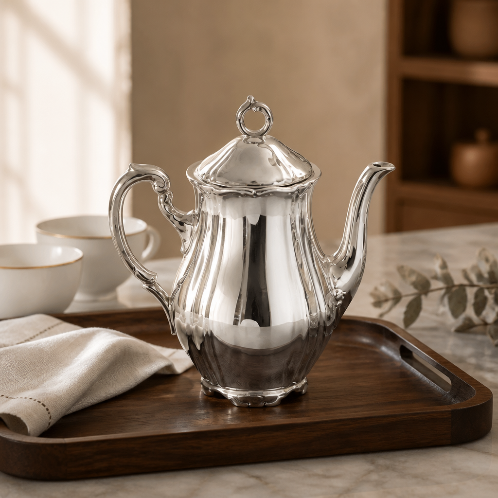 Vintage Schaller Bavaria silver-plated Rococo coffee pot styled on wooden tray with linen napkin