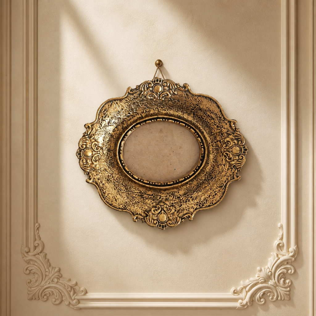 Cadre photo ovale baroque vintage orné | Or antique | Volutes d'acanthe | Ouverture 10×13 cm
