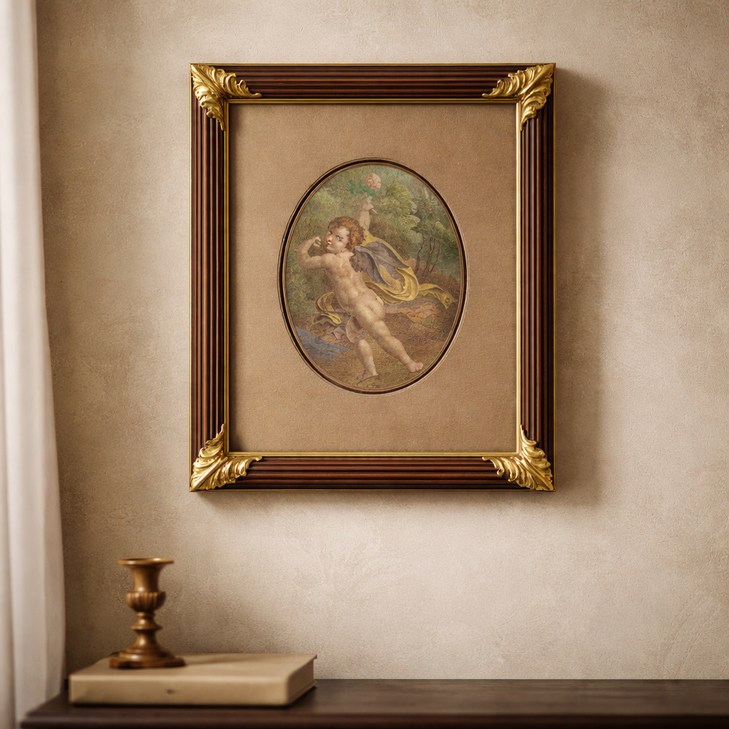 Antike handkolorierte Punktierstich – Allegorische Figur mit Putto & Rosen | Oval | Vergoldeter Akanthusrahmen | 28 × 31 cm