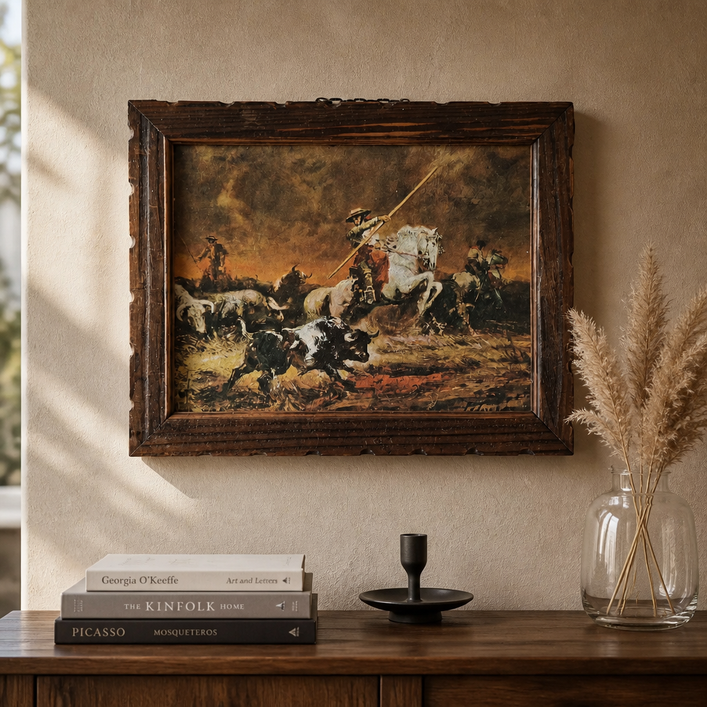 Antikes Ölgemälde – Spanische romantische Stierkampfszene | Picadore zu Pferd | Geschnitzter Walnussrahmen | 46 × 36 cm