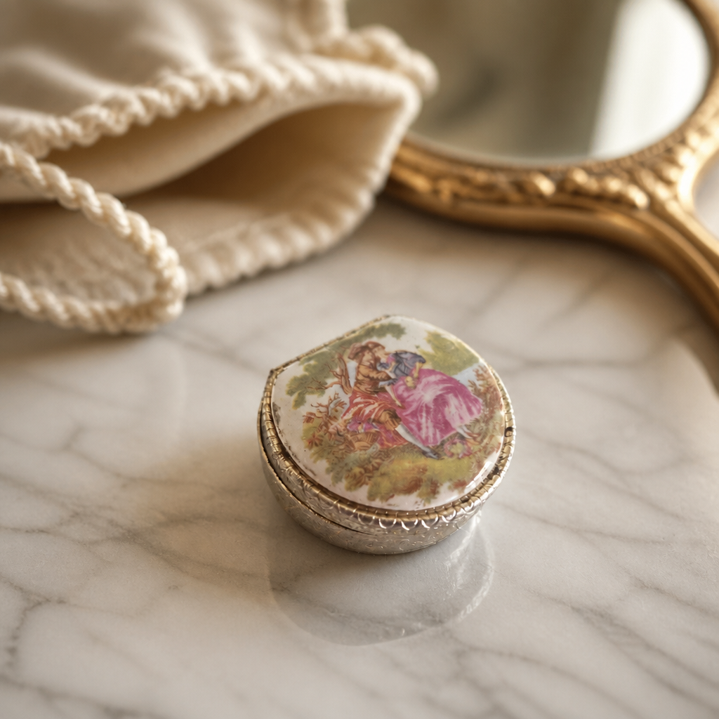 Vintage Miniature Pill Box with Fragonard-Style Porcelain Lid & Engraved Silver Body