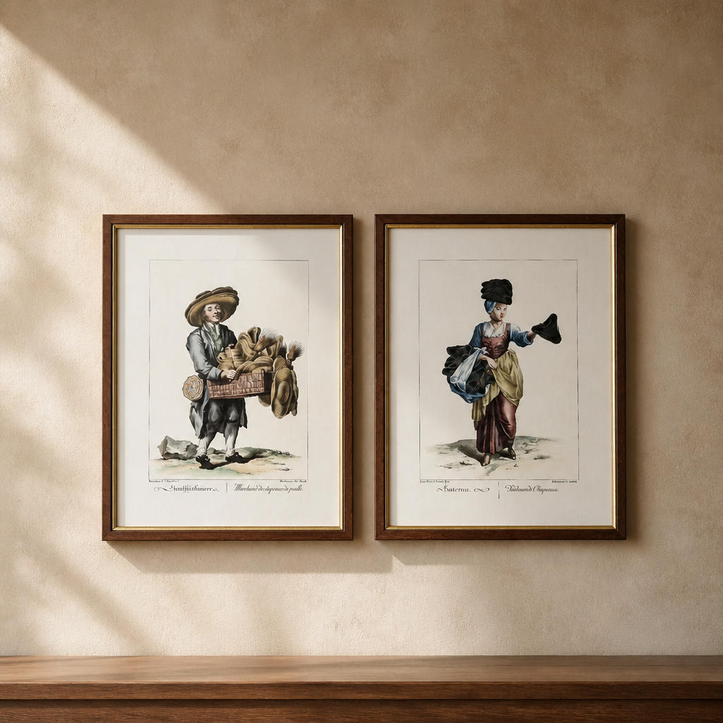 Pair of Antique Hand-Coloured Engravings – Viennese Street Traders | Strohhutträmer & Hutterinn | L. Brand / Seb. Mansfeld | Framed