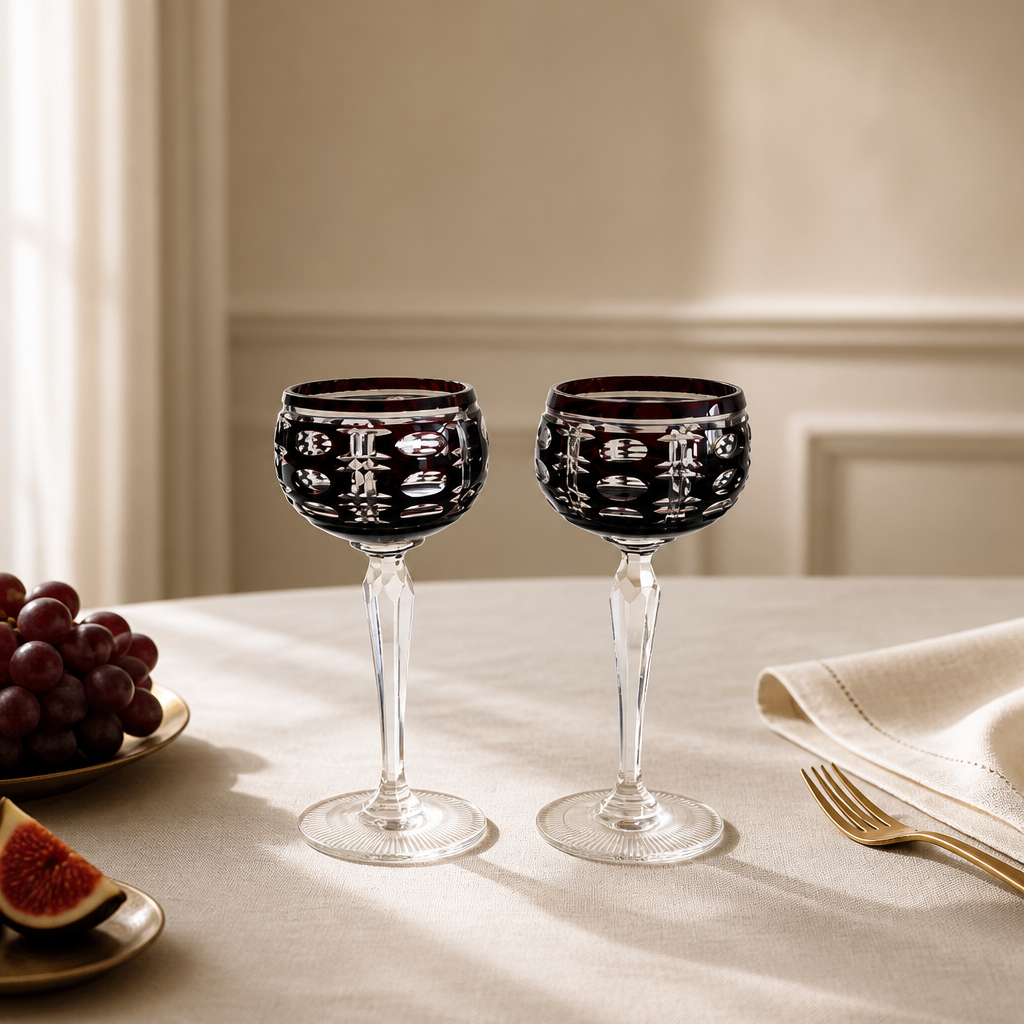 Pair of Vintage Anna Hütte Austrian Cut Crystal Wine Glasses — Deep Burgundy Overlay