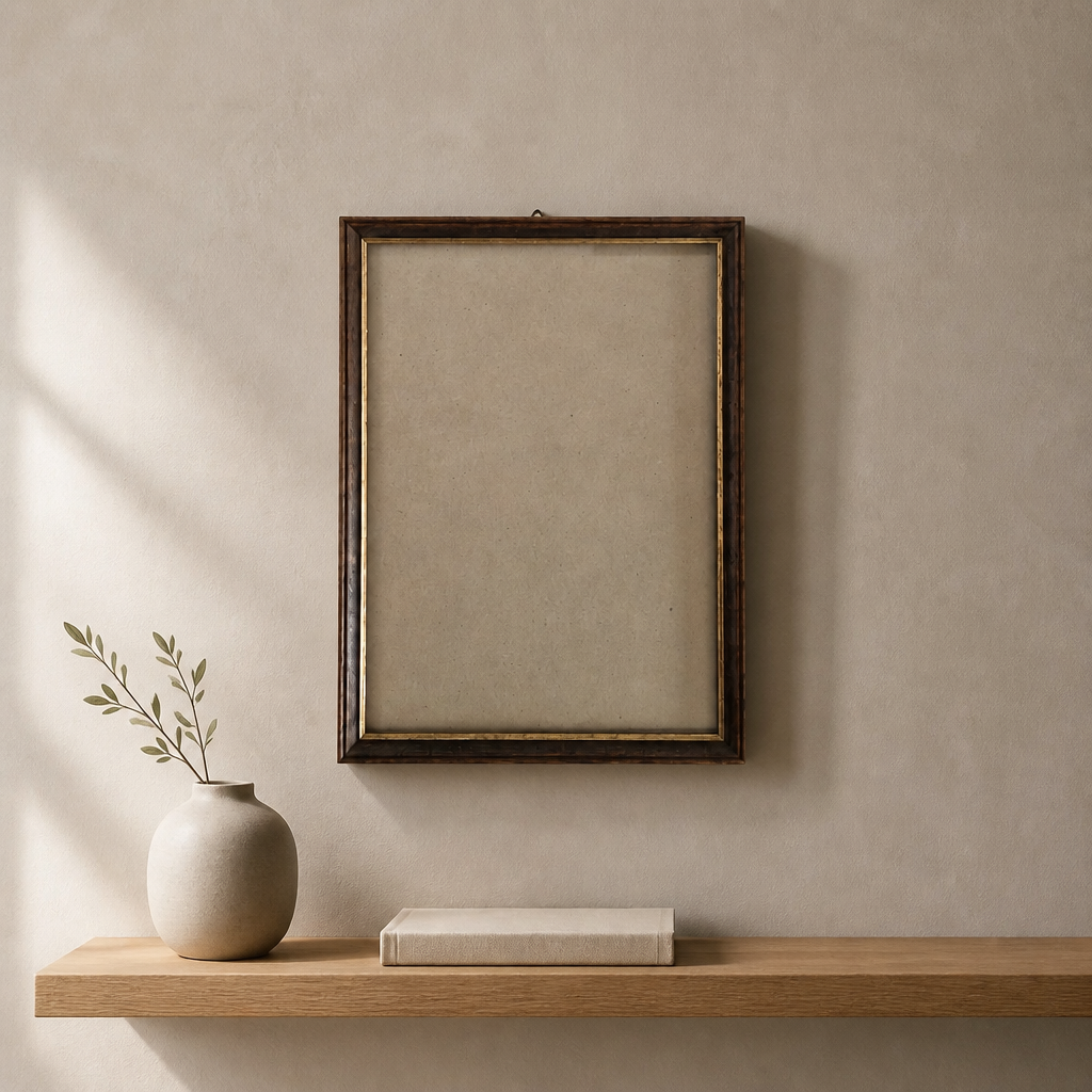 Cadre photo vintage en bois | Placage de noyer madré foncé et filet doré | Ouverture 20 × 30 cm | Verre inclus
