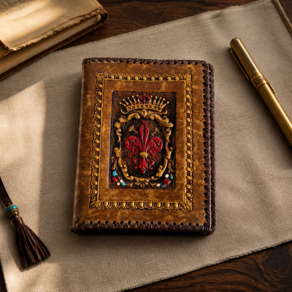 Couverture de carnet en cuir florentin repoussé – Blason héraldique fleur de lys | 20 × 27 cm