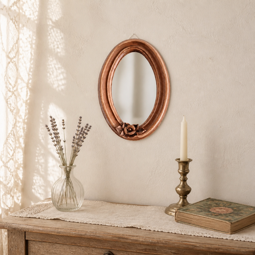 Antique copper oval mirror with rose detail styled on a wooden dresser