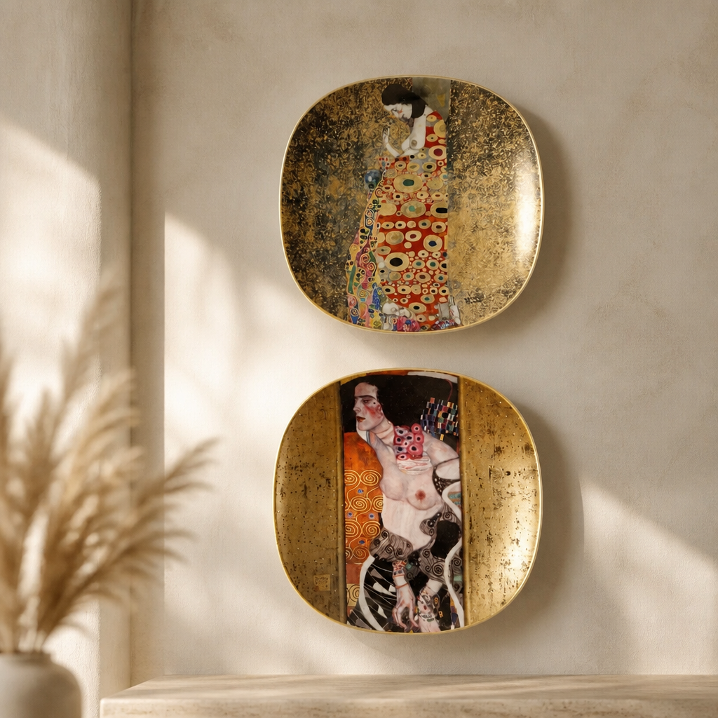 Gustav Klimt Die Hoffnung and Portrait der Salome Lilien Porzellan collector plates displayed on wall