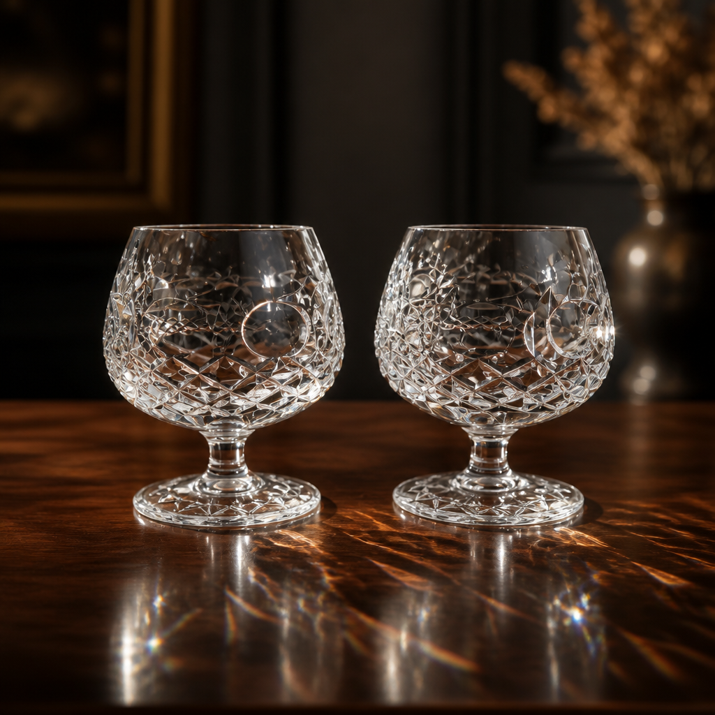 Pair of Vintage Hand-Cut Crystal Brandy Balloon Glasses – Diamond Cut, approx. 11 cm