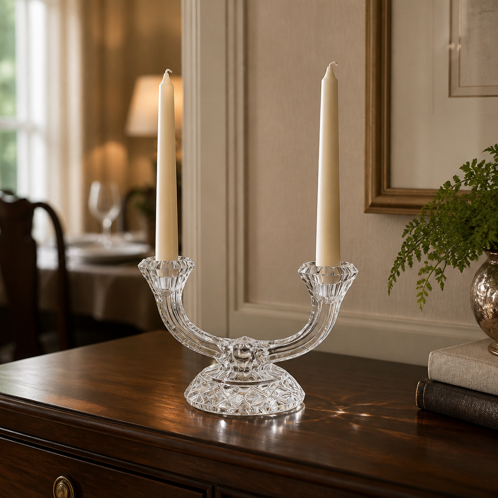 Vintage Hand-Cut Crystal Double Candelabra – Star & Fan Cut Base, Two-Arm Candlestick, 14 cm