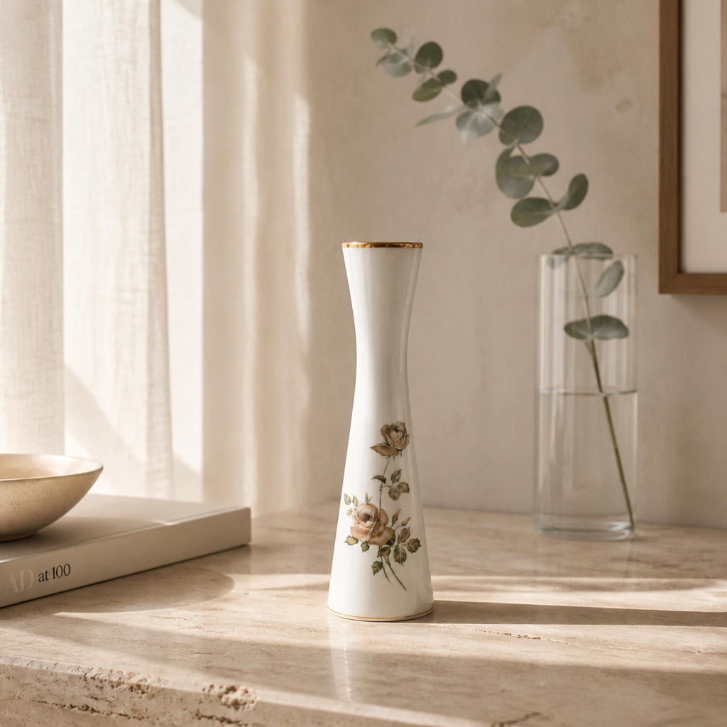 Alboth & Kaiser Bavaria "Kir" Porcelain Soliflore Vase – Gold Rim Rose Decor, 29 cm