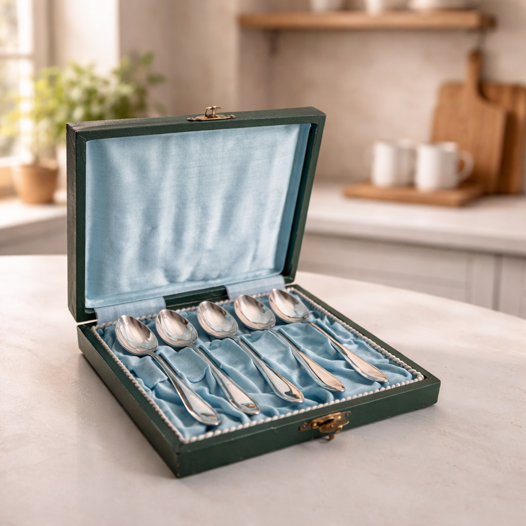 6 versilberte Teelöffel – Rat-Tail / Old English Muster | Original grüne Kunstlederbox mit blauem Satineinsatz & Messingverschluss | 12 cm