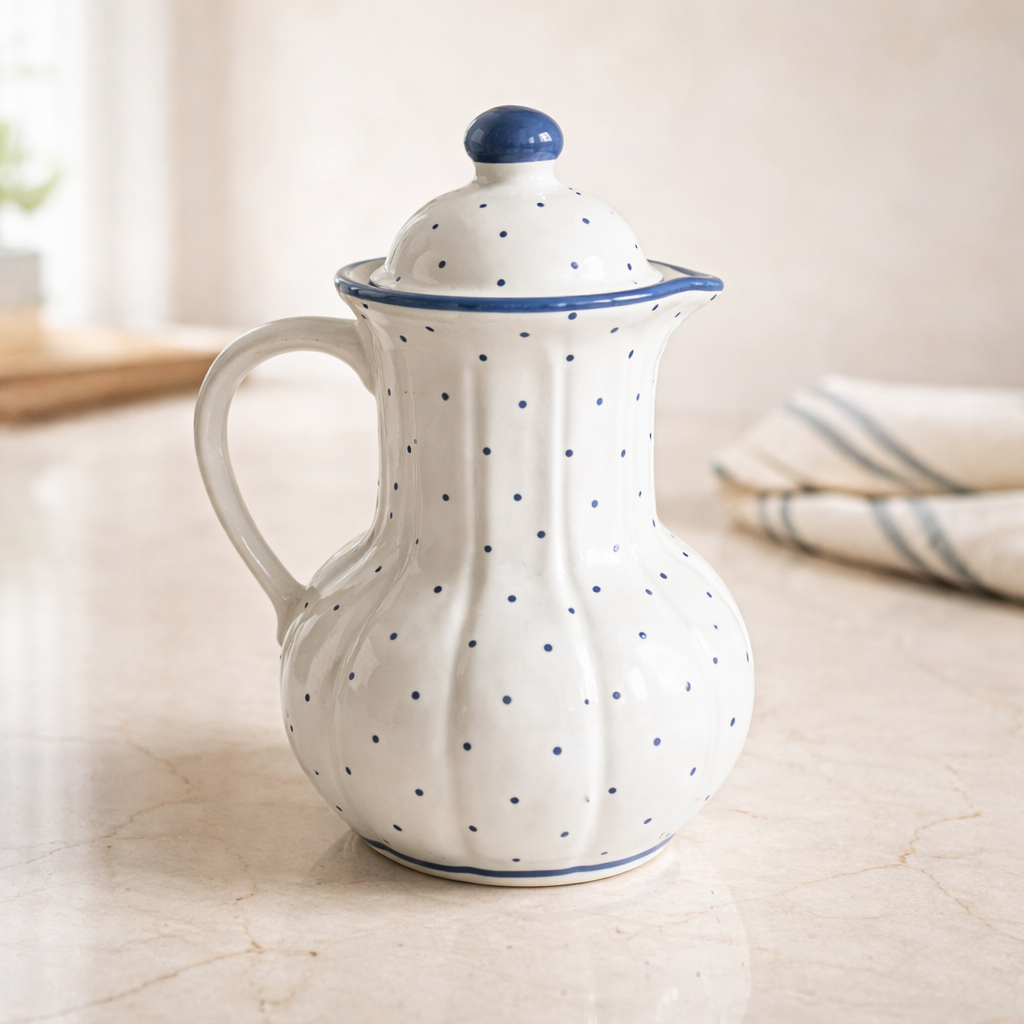 Vintage Gmundner Keramik Lidded Jug | Blaupunkte Blue Dot Pattern | Ribbed Lobed Form with Lid | Model 560 O, c. Mid-20th Century