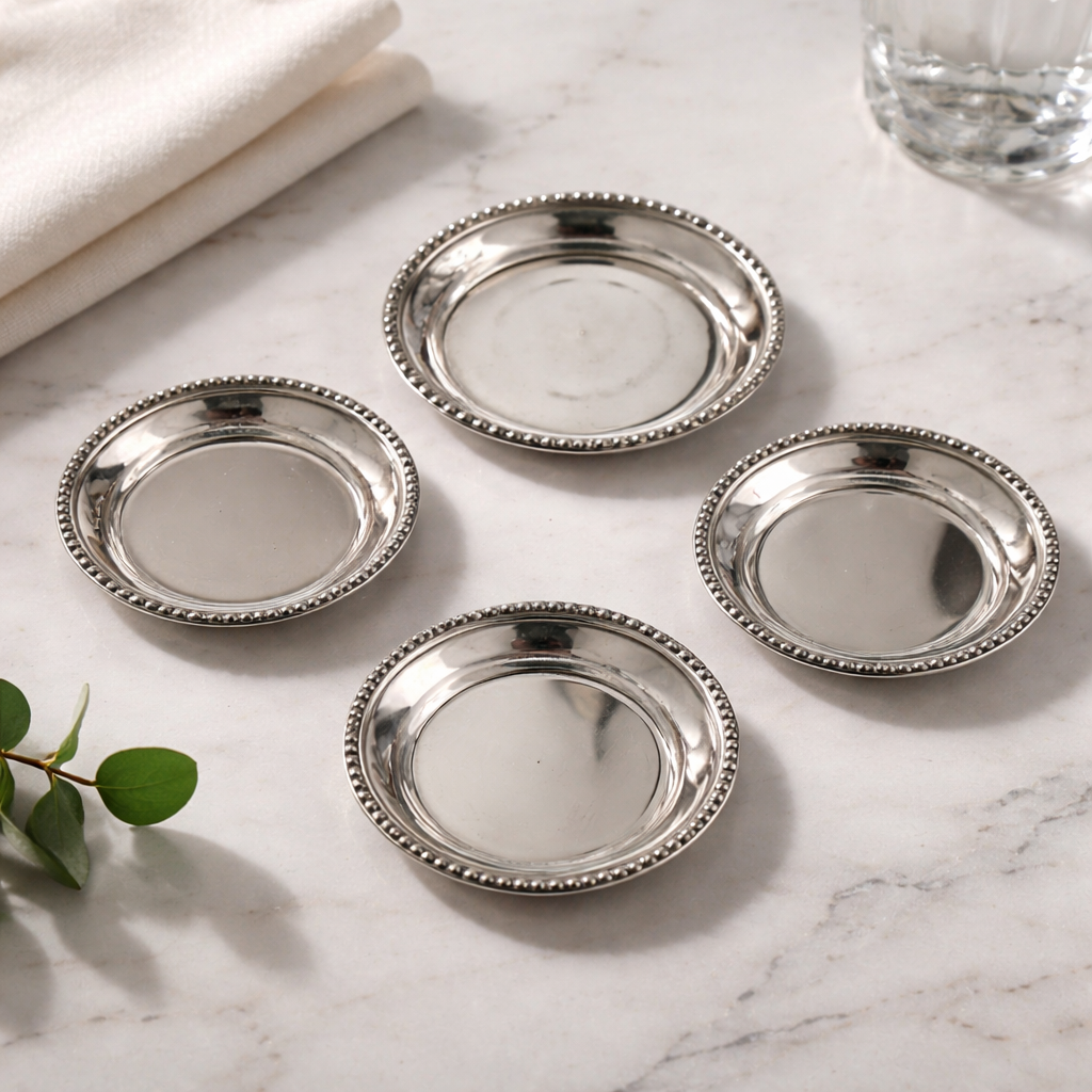 Ronds de Plat / Dessous de Bouteille Anciens en Argent Plaqué avec Bord Perlé — Lot de 4 (Tailles Mixtes)