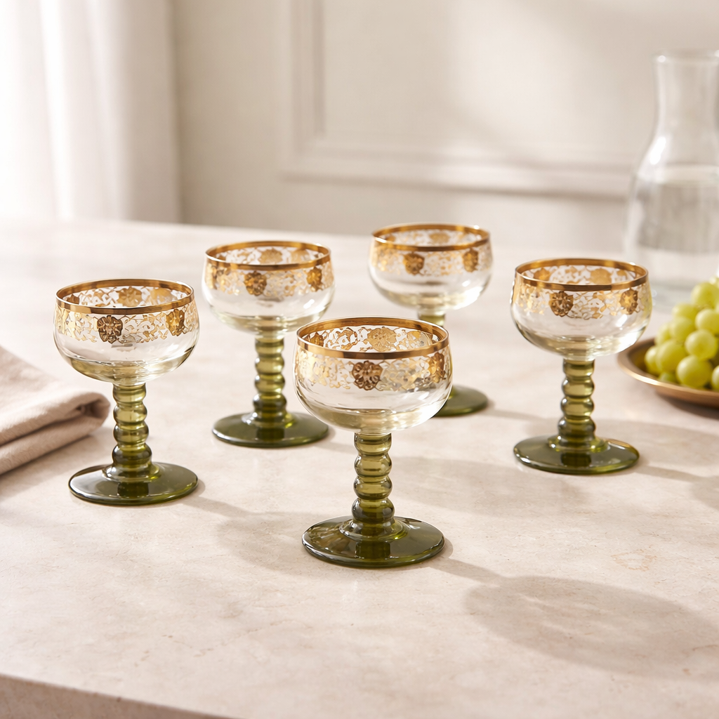 Set of 6 Vintage Romer Wine Glasses Olive Green Ribbed Stem Gold Lustre White Enamel Grapevine 10cm - WhisperTreasuresCo