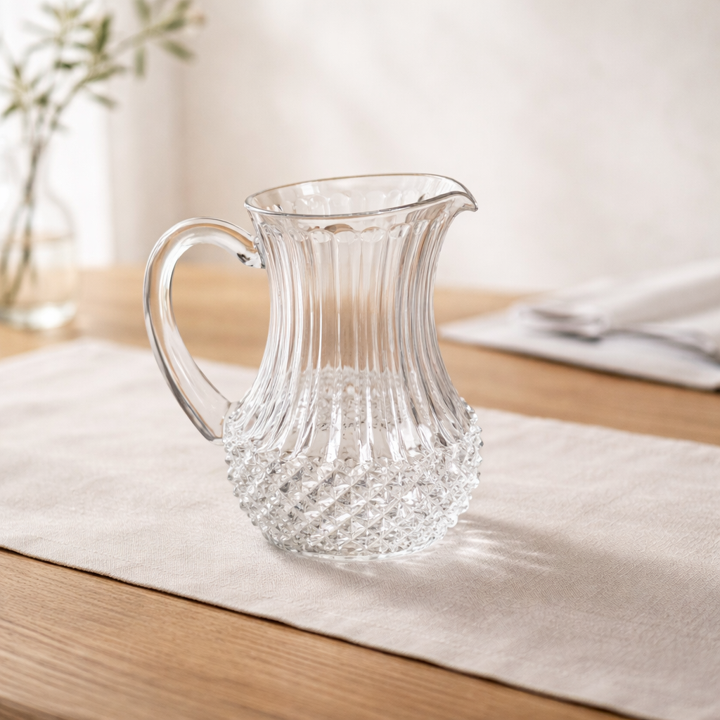 Vintage Cristal d'Arques Crystal Pitcher | Diamond Hobnail & Flute Cut | French Crystal Jug, c. Mid-Late 20th Century