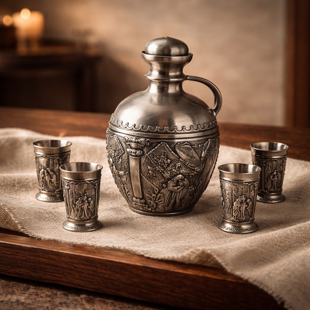 Vintage Pewter (Zinn) Schnapps Set — Jug Decanter & 4 Shot Cups | Alpine Figural Relief Decoration