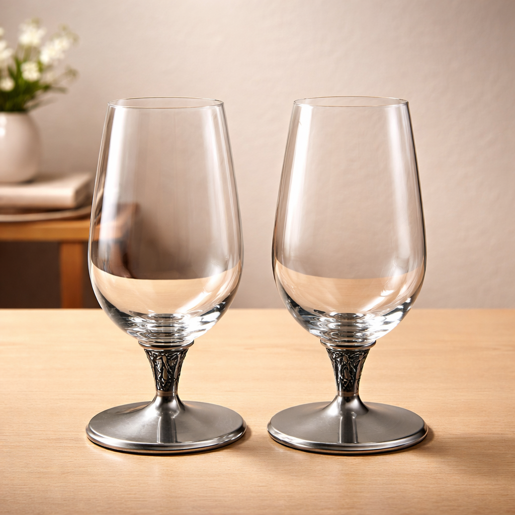 Vintage Artina SKS Austria — Pair of Crystal Wine Glasses with 95% Pewter (Zinn) Base | Grape Vine Stem | Original Box