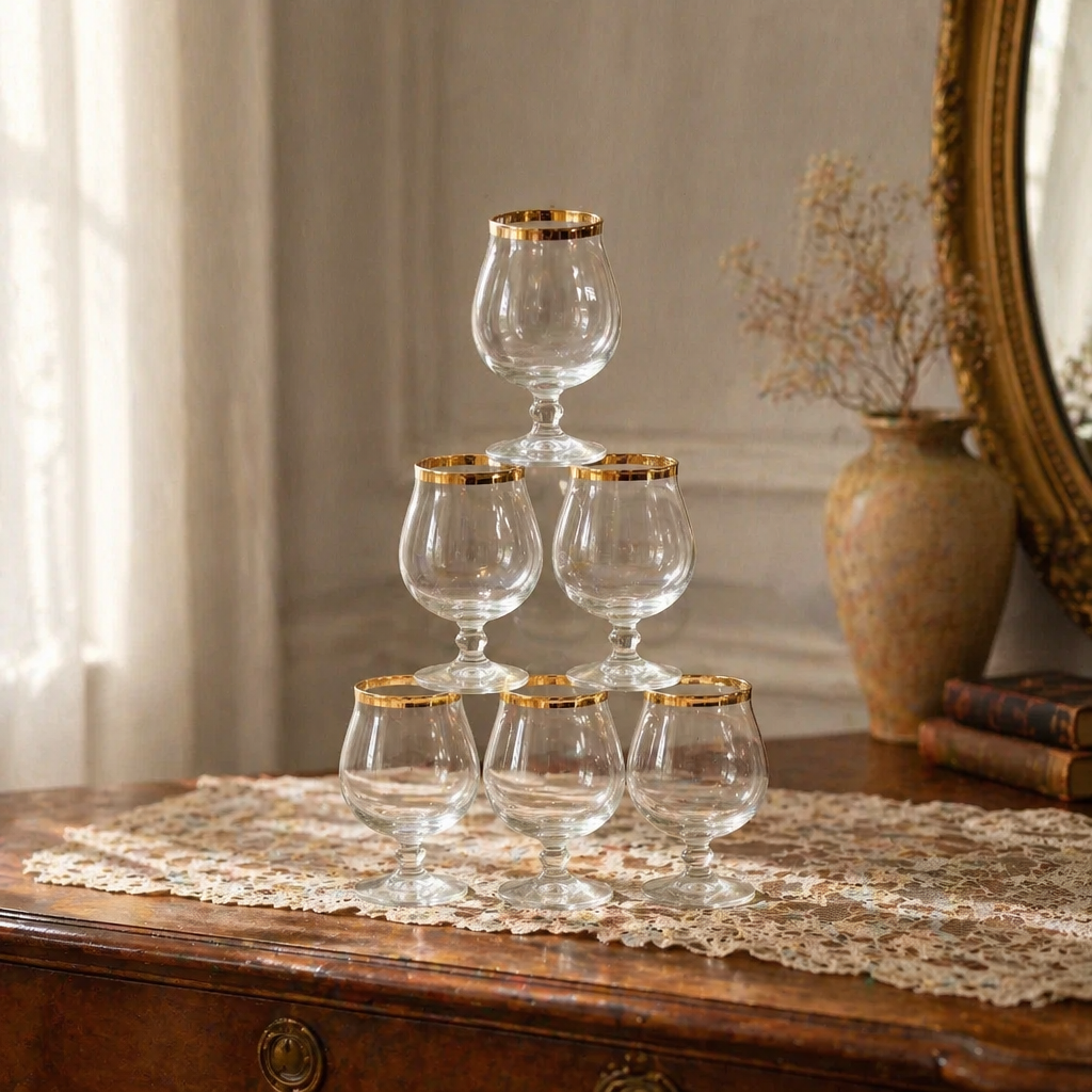 Lot de 6 verres à cognac ballon vintage en verre gravé avec bord doré | Superbe état