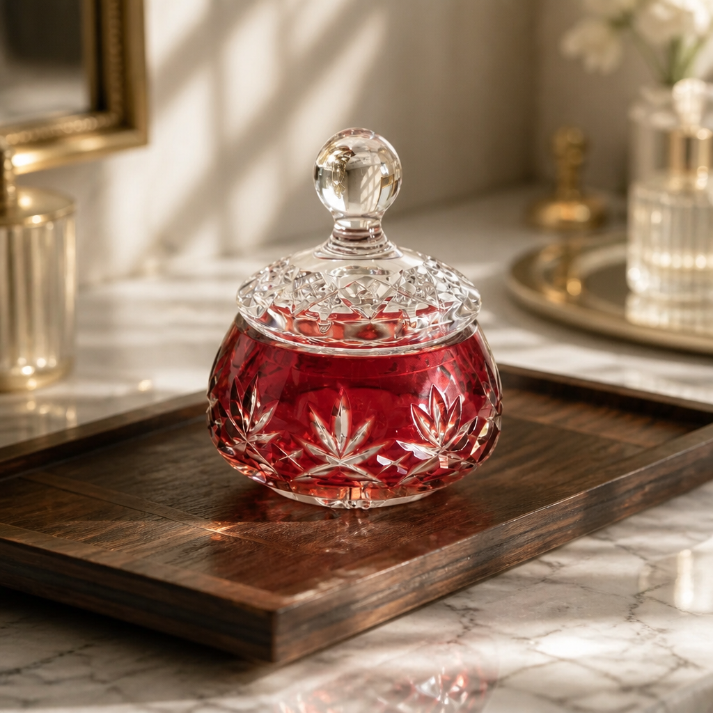 Vintage Ruby Red Overlay Cut Crystal Lidded Bonbonnière – Diamond & Fan Pattern | Ball Finial | approx. 10 cm | Bohemian Crystal