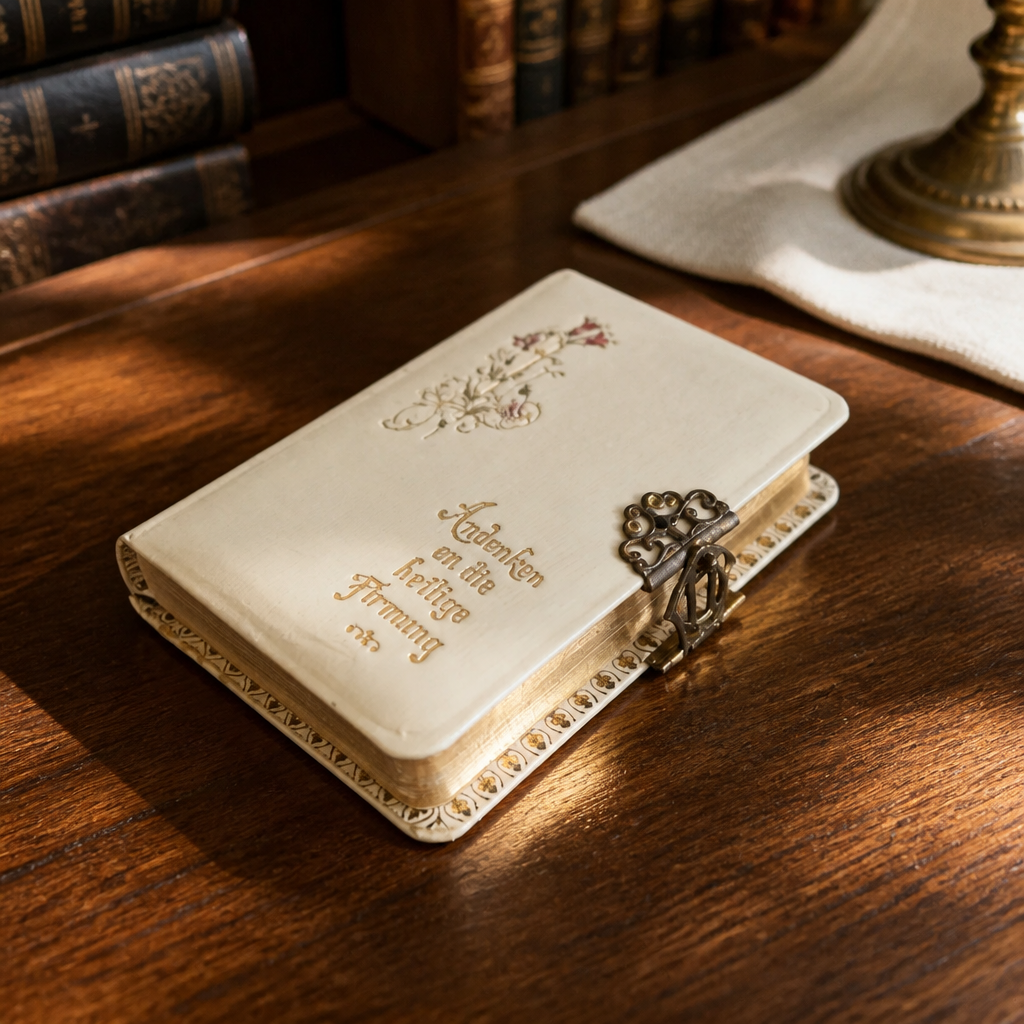 Antique Austrian Catholic Confirmation prayer book — lifestyle shot on dark wood desk with brass candlestick and leather books