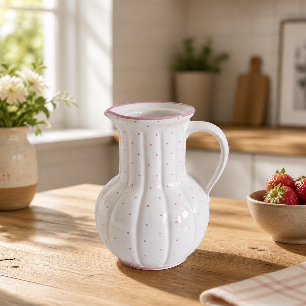 Vintage Gmundner Keramik Jug | Rotgeflammt Red Dot Pattern | Ribbed Lobed Form | Model 560, c. Mid-20th Century