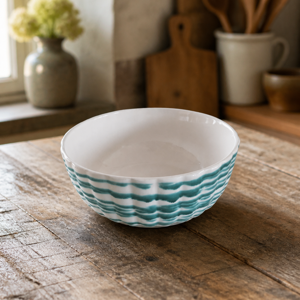 Gmunden Keramik Bowl – Green Wavy Stripe | Grüne Wellenband | approx. 22 cm | Austrian Folk Ceramics