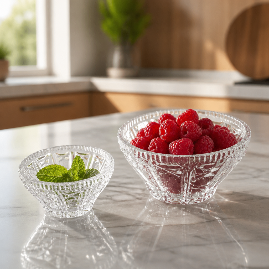 Vintage Crystal Bowl Set of Two – Star & Fan Pattern | Small 10 cm & Large 20 cm | Mid-Century European Crystal