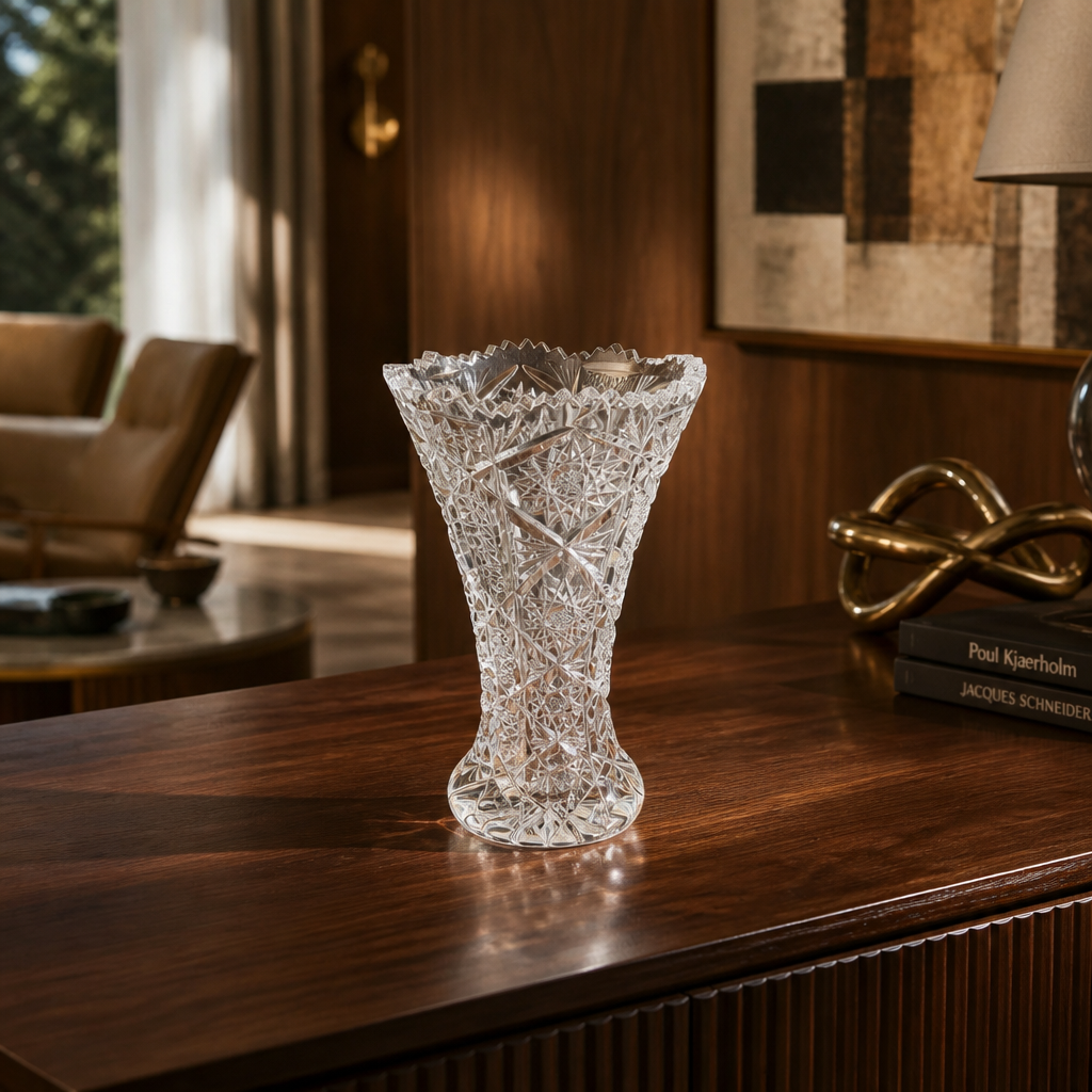 Vintage Bohemian Cut Crystal Trumpet Vase – Pinwheel Star, Fan & Floral Engraving | Sawtooth Rim | 20 cm | Czech Crystal