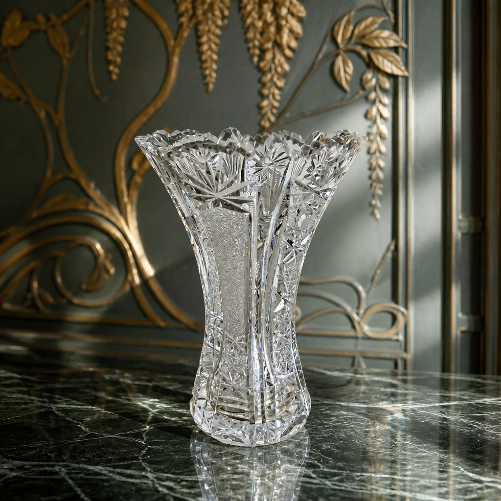 Vintage Bohemian Cut Crystal Trumpet Vase – Star, Fan & Diamond Pattern | Sawtooth Rim | 20 cm | Czech Crystal