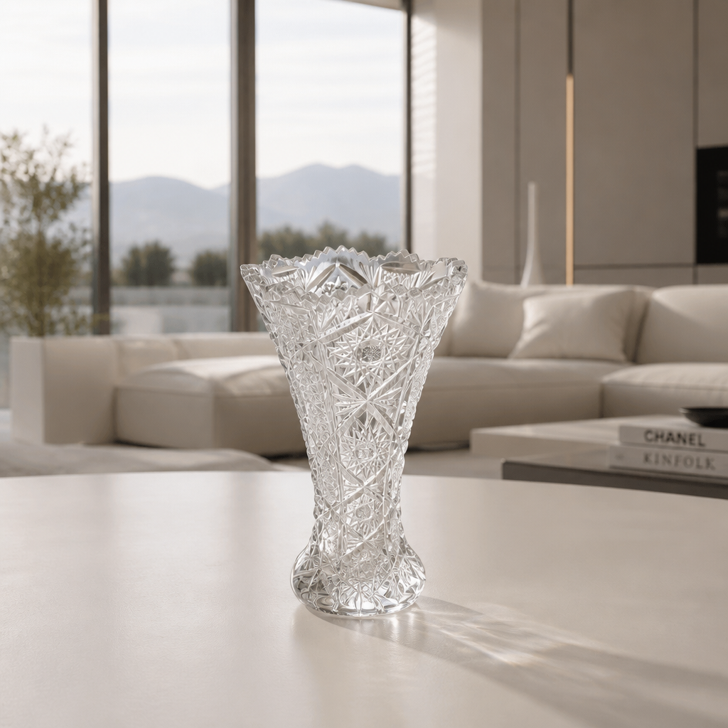 Vintage Bohemian Cut Crystal Hourglass Vase – Pinwheel Star, Diamond & Floral Engraving | Scalloped Rim | 18 cm | Czech Crystal