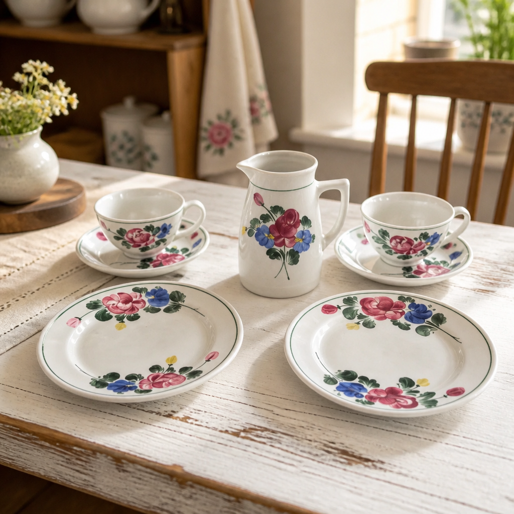 Lilien Porzellan Austria Breakfast Set for Two – Hand-Painted Folk Rose Pattern | Underglaze | 7 Pieces: 2 Cups, 2 Saucers, 2 Plates, 1 Milk Jug