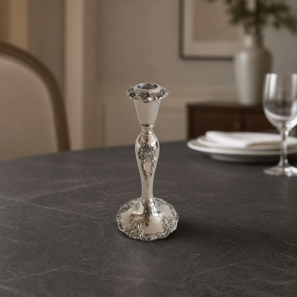 Vintage Silver-Plated Candlestick – Rococo Floral Embossed, 20 cm