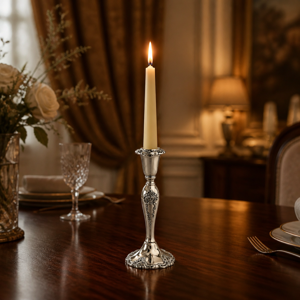 Vintage Silver-Plated Candlestick – Rococo Floral Embossed, 20 cm