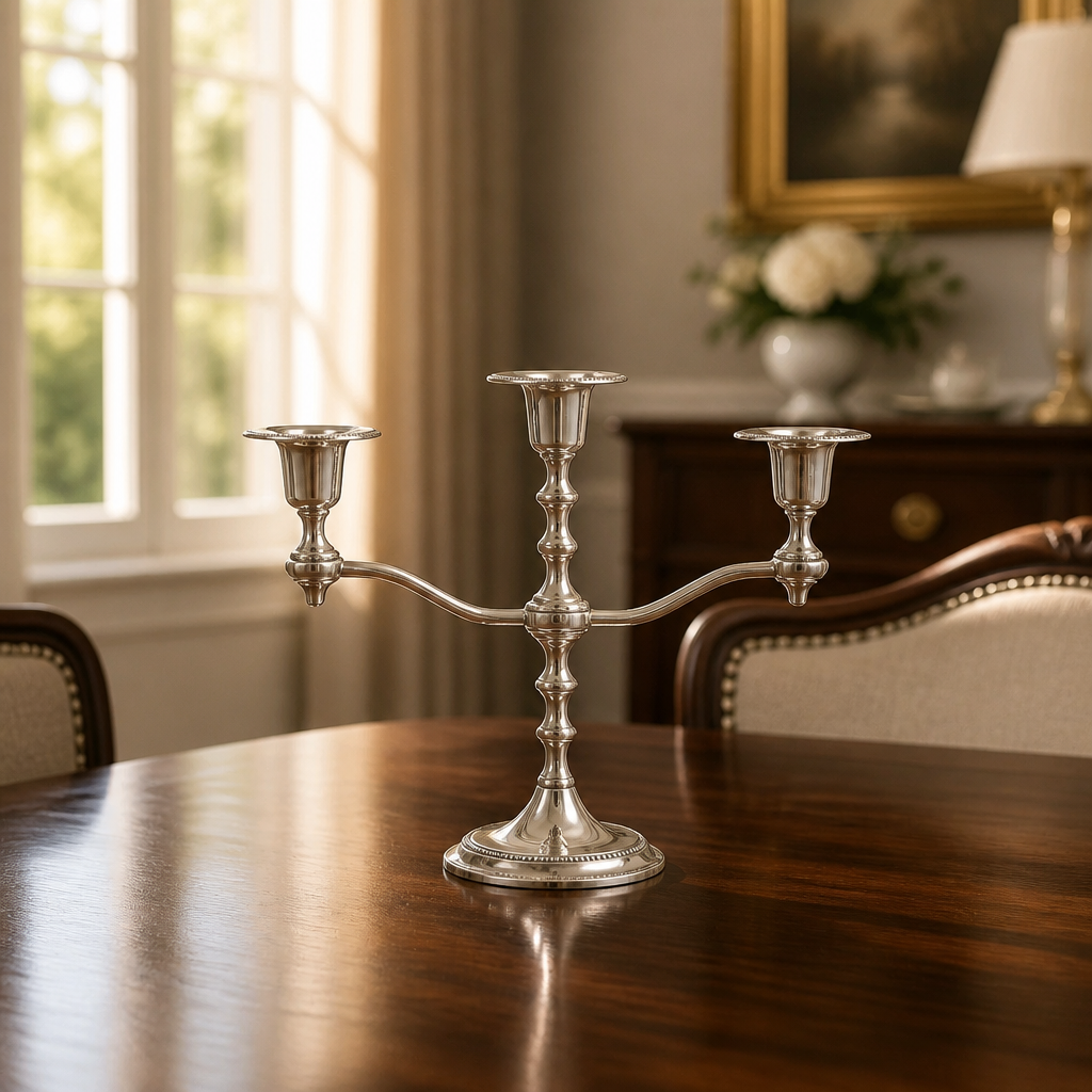 Bougeoir Vintage en Argent Plaqué à 3 Bras – Tige en Balustre, Base Perlé, 21 cm