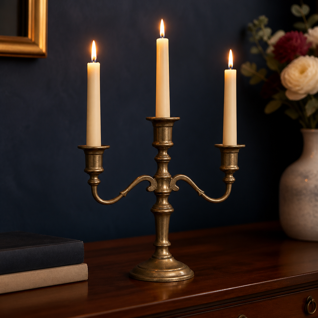 Antique Brass Three-Arm Candelabra Vintage Table Centrepiece Candleholder - WhisperTreasuresCo
