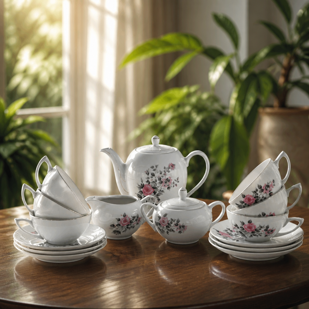 Vintage white porcelain tea set with pink rose pattern on a wooden table.