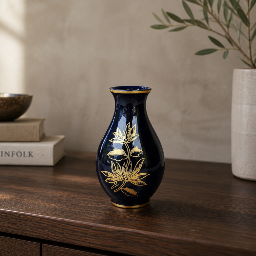 Vase en porcelaine bleu cobalt Hollóháza Hongrie | Décoration lotus doré | Fondée en 1851