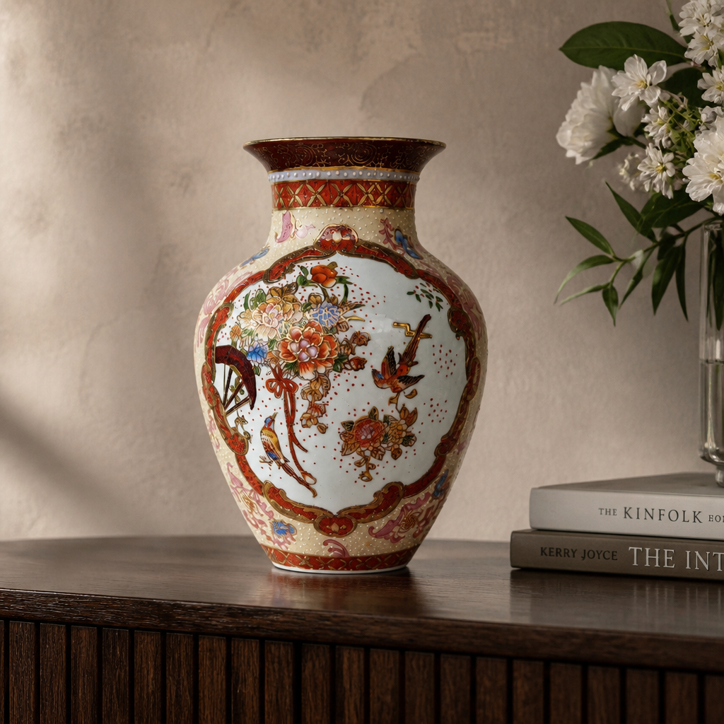 Vintage Chinese Export Porcelain Vase | Satsuma-Style Floral & Bird Panels | Gold Cartouche | Made in China