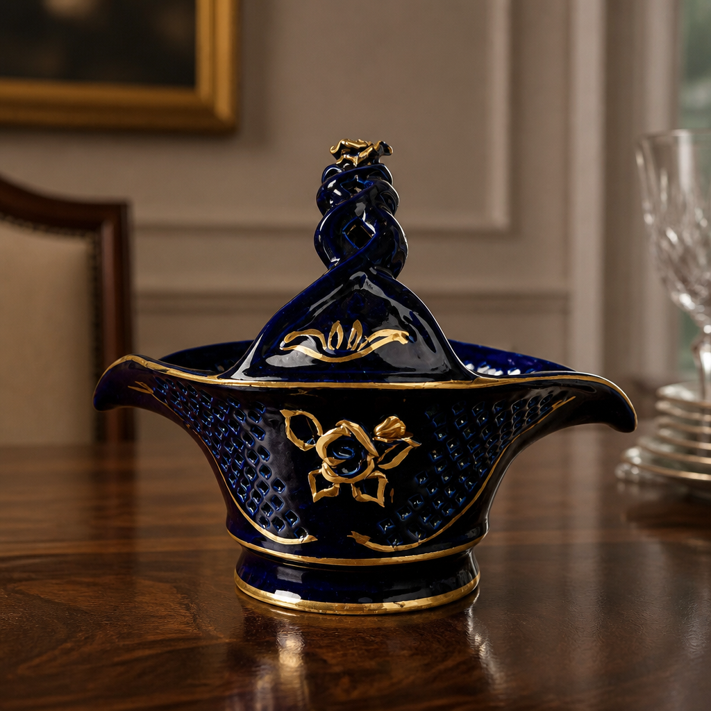 Vintage Soviet Porcelain Cobalt Blue Basket Reticulated Gold Rose Decoration Made in USSR - WhisperTreasuresCo