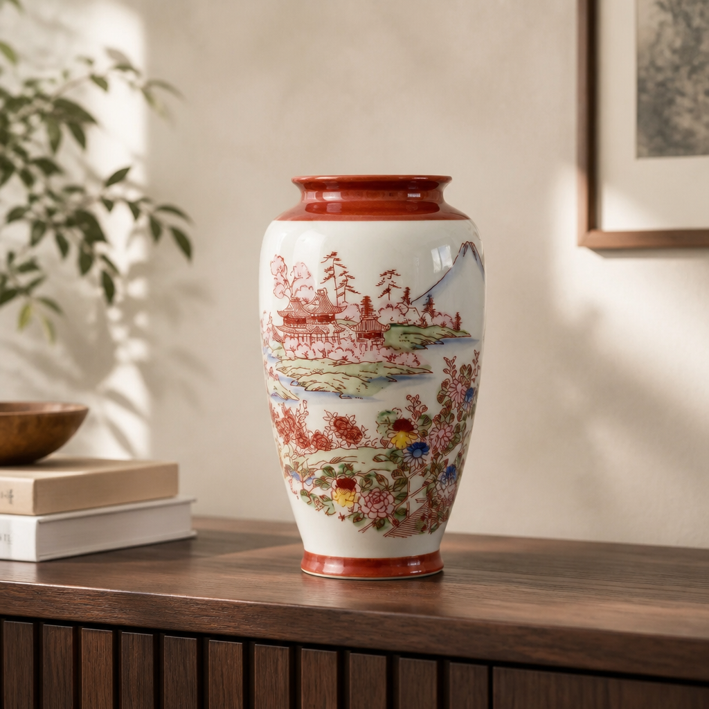 Japanese Porcelain Vase | Hand-Painted Geisha & Landscape Scene | Red Seal Mark 西園華製