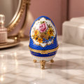Vintage Porcelain Egg Trinket Box | Cobalt Blue Scale Pattern & Rose Bouquet | Gold Filigree Frame | Hand Made