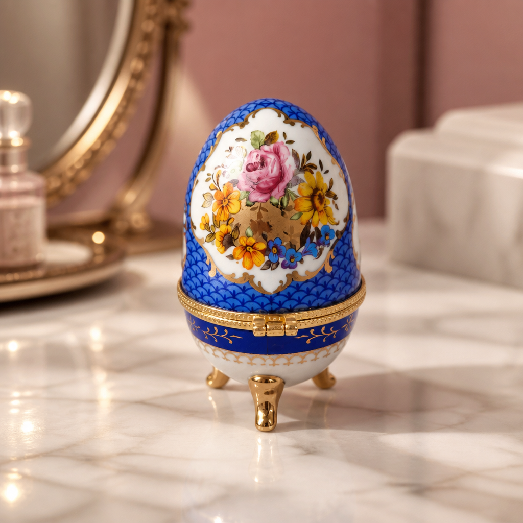 Vintage Porcelain Egg Trinket Box | Cobalt Blue Scale Pattern & Rose Bouquet | Gold Filigree Frame | Hand Made