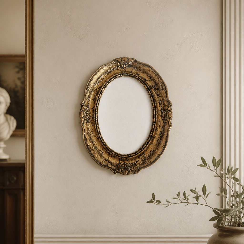 Antique Oval Picture Frame Rococo Baroque Gold Tone Ornate Embossed Scrollwork 29x23 cm - WhisperTreasuresCo