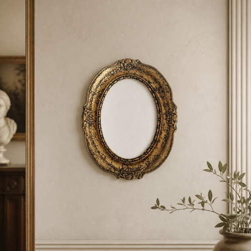 Antique Oval Picture Frame Rococo Baroque Gold Tone Ornate Embossed Scrollwork 29x23 cm - WhisperTreasuresCo