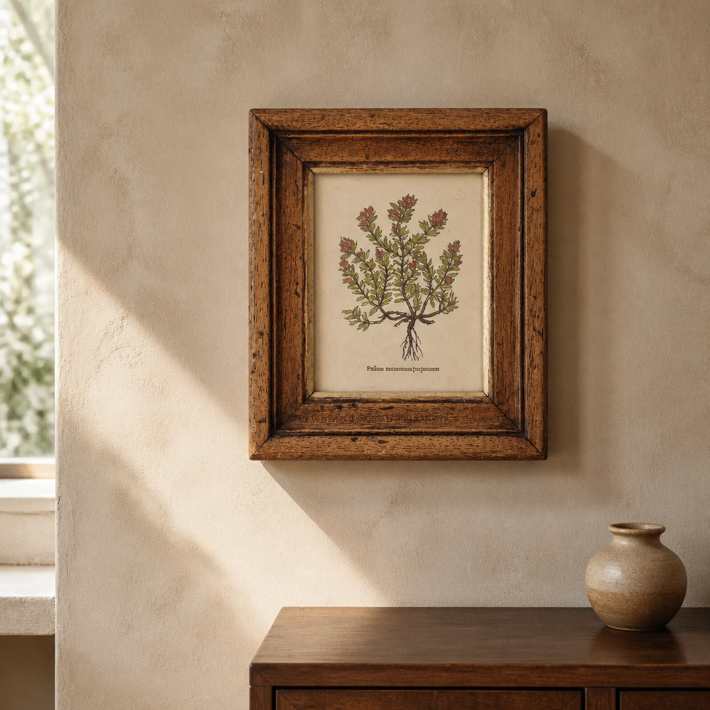 Vintage botanical illustration of a flowering plant in a rustic wooden frame on a beige wall.