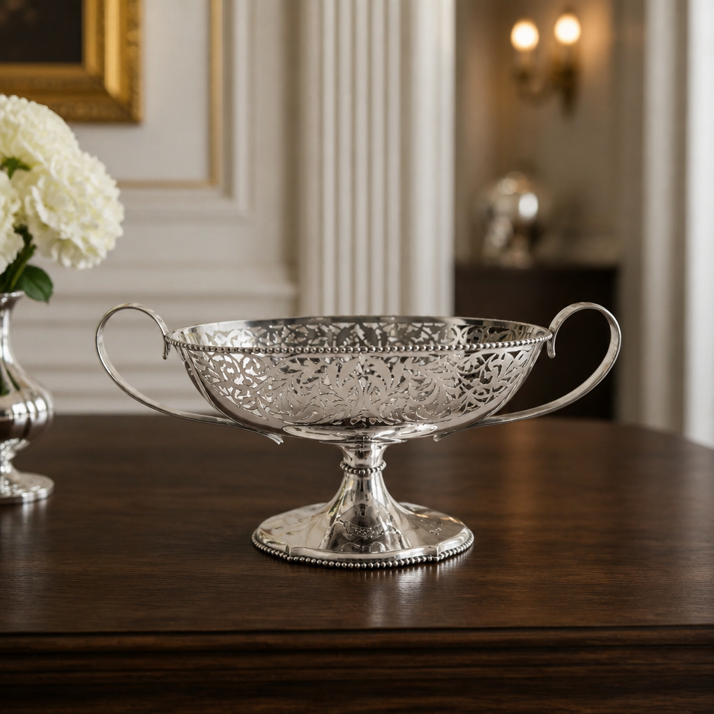 Antique Silver-Plated Pedestal Bon-Bon Bowl – Pierced Reticulated Acanthus, Twin Handles, Beaded Rim, 30 cm - WhisperTreasuresCo
