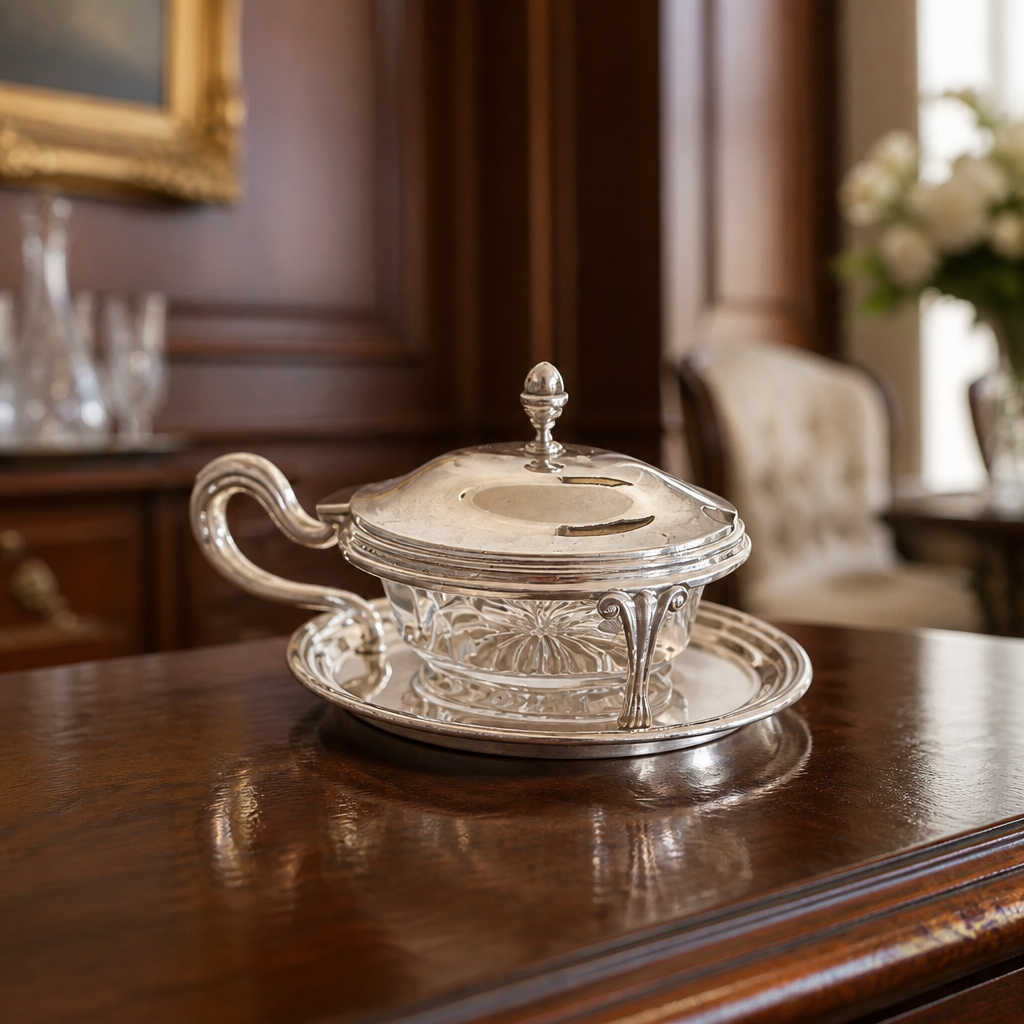 Antique French Silver-Plated Mustard Pot – Cut Crystal Insert, Acorn Finial, Scrolled Handle & Underplate, Belle Époque, 14 cm - WhisperTreasuresCo
