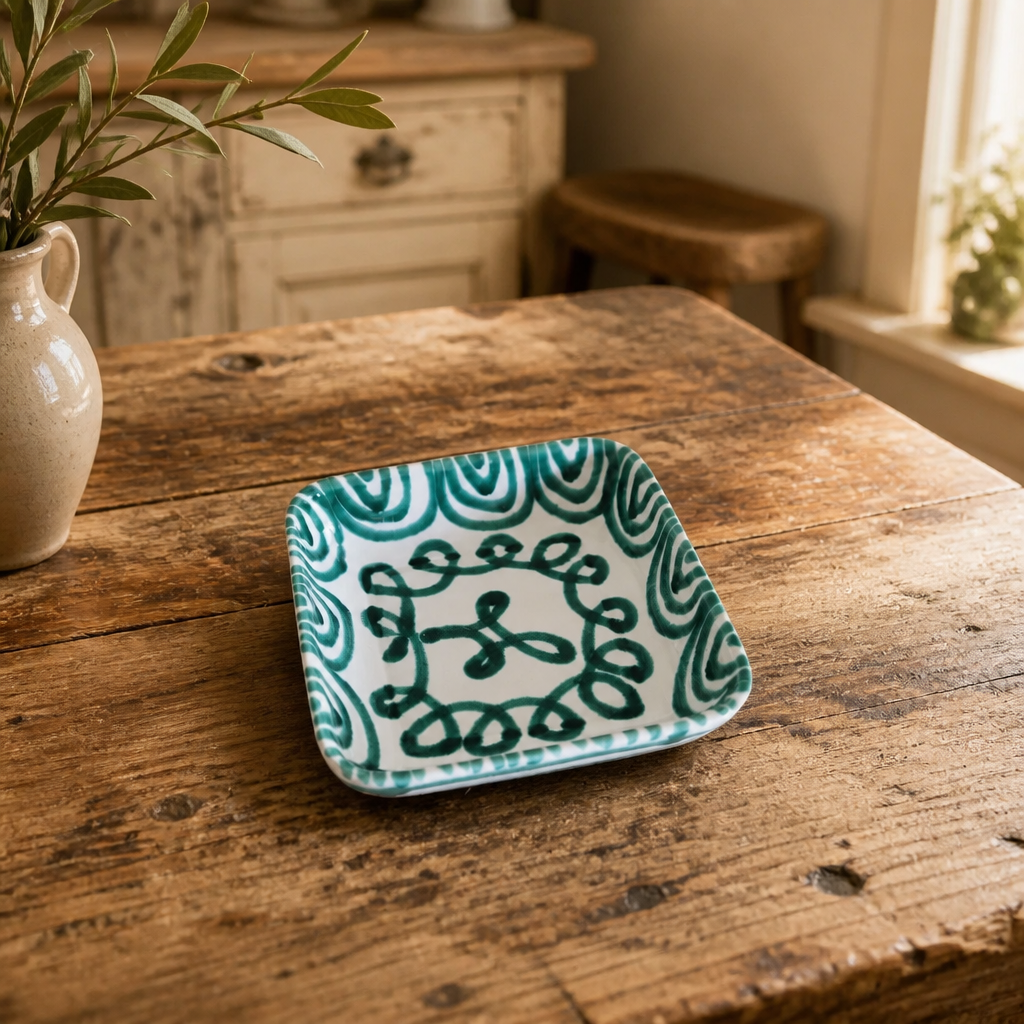 Vintage Gmundner Keramik hand-painted Grün Geflammt square dish on rustic farmhouse table
