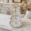 Vintage Porcelain 3-Tier Cake Stand – Seltmann Weiden Bavaria, Floral Gold Rim, 40 cm, Excellent Condition - WhisperTreasuresCo